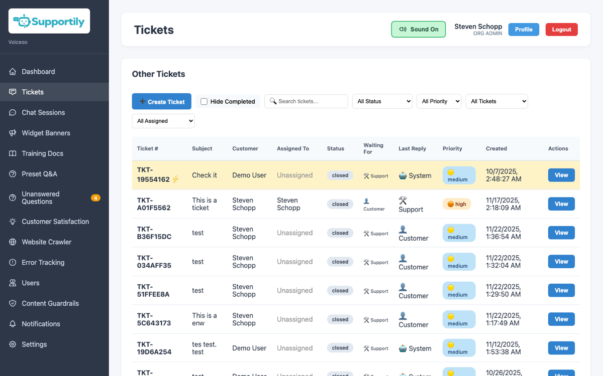 Ticket management view with assignment, status tracking, and internal notes