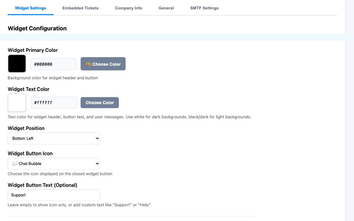 Widget configuration settings with custom colors, position, and button options